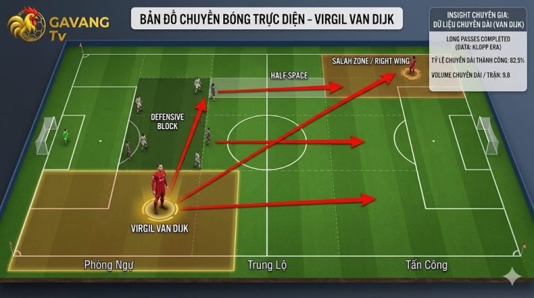 Sơ đồ chiến thuật mô phỏng các đường chuyền bóng dài trực diện (Pass map) của trung vệ Virgil van Dijk tại Liverpool.
