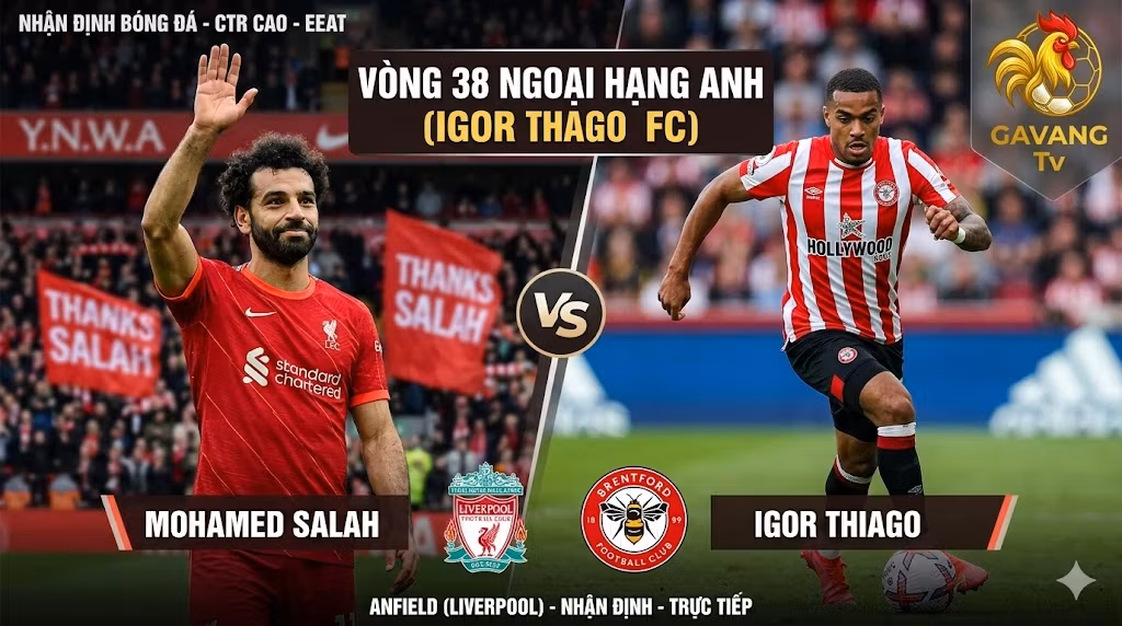 Hình ảnh nhận định trận đấu Liverpool vs Brentford vòng 38 Ngoại hạng Anh với cuộc đối đầu tâm điểm giữa Mohamed Salah và Igor Thiago.