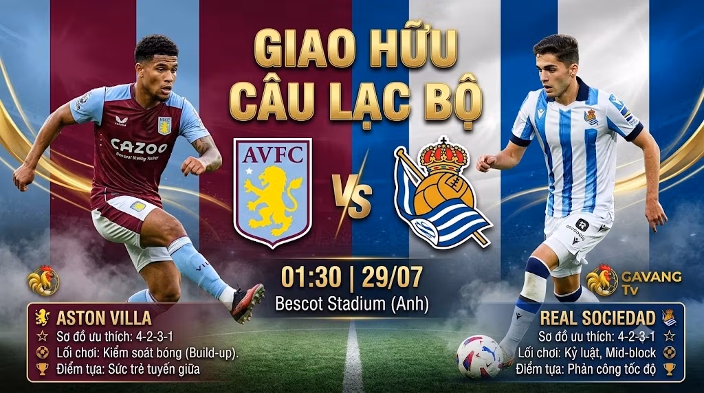 Nhận định trận đấu giao hữu Aston Villa vs Real Sociedad lúc 01h30 ngày 29/07 cập nhật chi tiết tại Gavang TV.