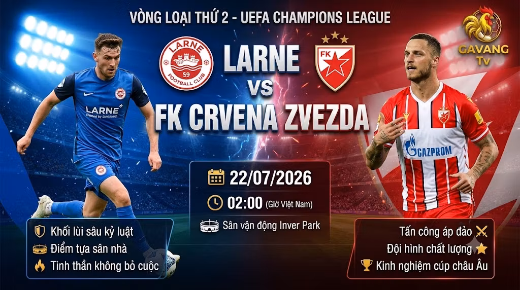 Nhận định bóng đá trận Larne vs FK Crvena Zvezda vòng loại Champions League cập nhật mới nhất trên Gavang TV.