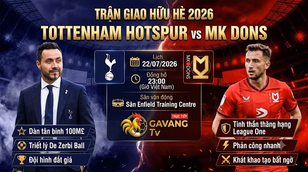 Nhận định trận đấu Tottenham vs MK Dons giao hữu Hè 2026, phân tích tỷ lệ kèo và chiến thuật chi tiết trên Gavang TV.
