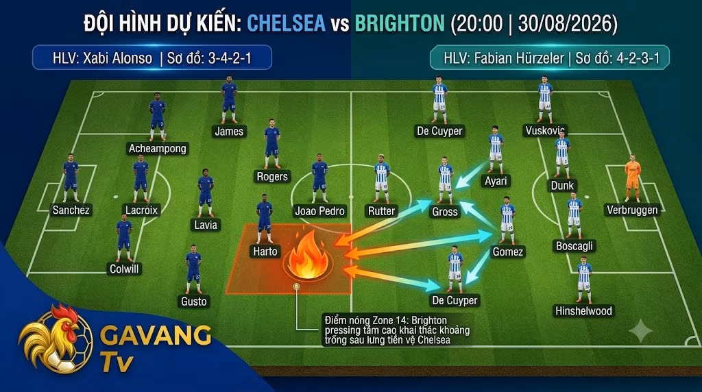 Sơ đồ chiến thuật và đội hình dự kiến trận Chelsea vs Brighton, phân tích điểm nóng Zone 14 nơi Brighton áp dụng pressing tầm cao.