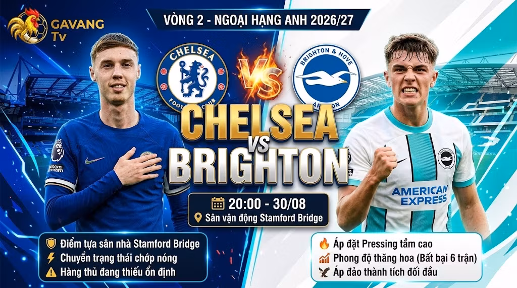Ảnh bìa nhận định trận đấu Chelsea vs Brighton vòng 2 Ngoại hạng Anh 2026/27 với sự góp mặt của Cole Palmer và Jack Hinshelwood.
