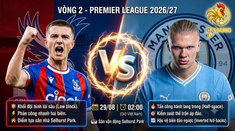 Nhận định bóng đá Crystal Palace vs Man City vòng 2 Ngoại hạng Anh trên Gavang TV.