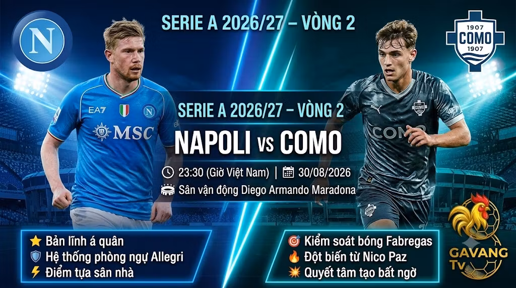 Hình ảnh nhận định bóng đá trận Napoli vs Como vòng 2 Serie A 2026/27, trực tiếp trên Gavang TV.