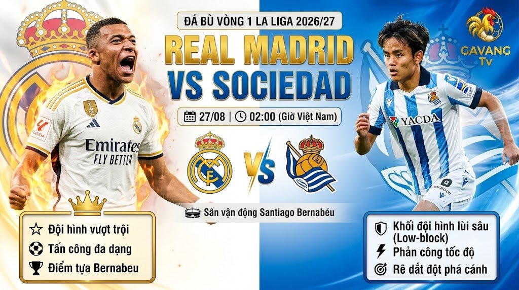Nhận định trực tiếp bóng đá trận Real Madrid vs Sociedad lúc 02h00 ngày 27/08 vòng 1 La Liga 2026/27 trên Gavang TV.