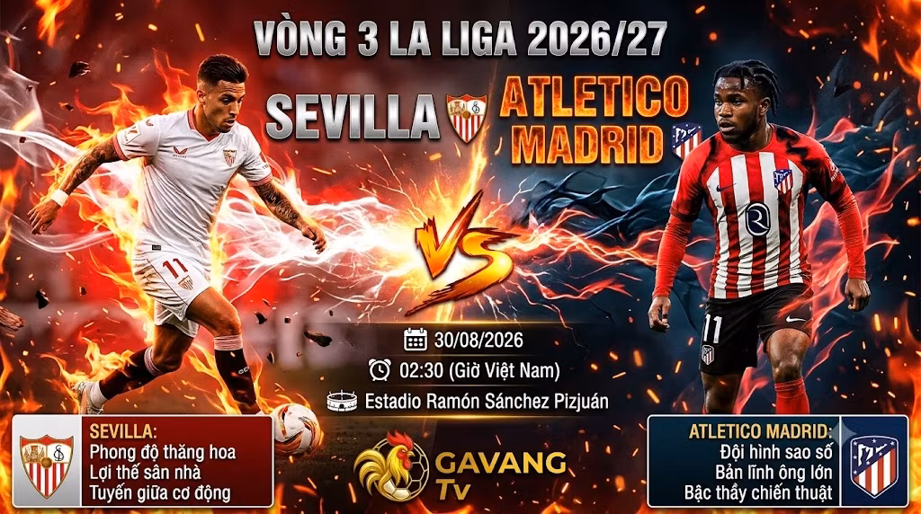 Nhận định bóng đá trận Sevilla vs Atletico Madrid vòng 3 La Liga 2026/27 chi tiết tại Gavang TV.