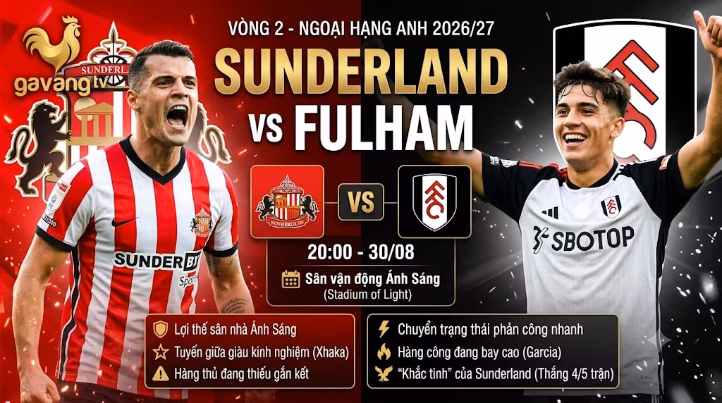 Ảnh bìa nhận định trận đấu Sunderland vs Fulham vòng 2 Ngoại hạng Anh 2026/27 với sự góp mặt của Granit Xhaka và Gonzalo Garcia.