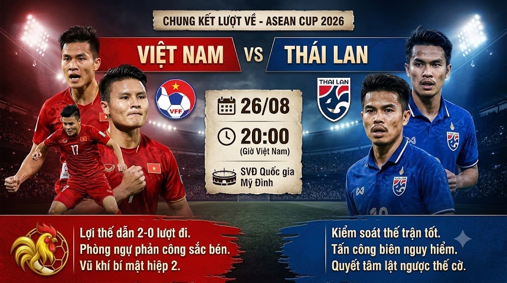Nhận định trận đấu Việt Nam vs Thái Lan 20h00 ngày 26/8 chung kết lượt về ASEAN Cup 2026 trên Gavang TV.