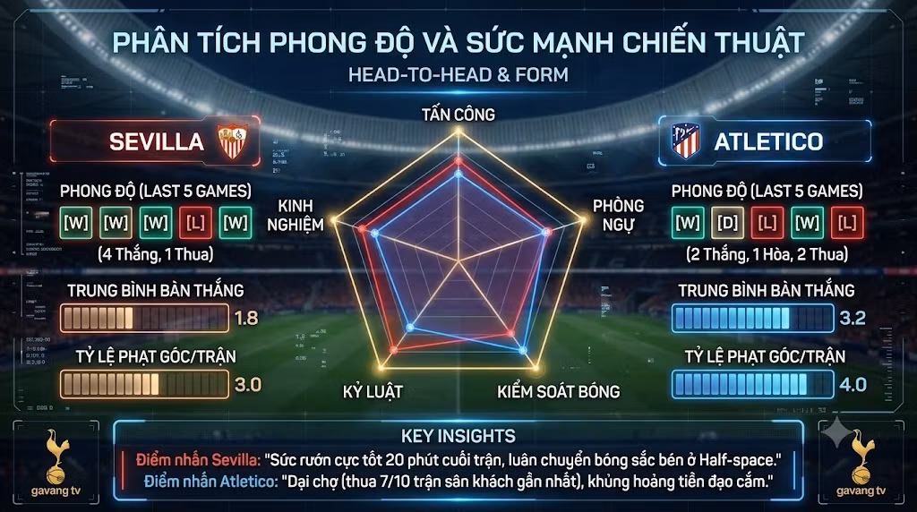 Biểu đồ phân tích phong độ, thống kê sức mạnh và lịch sử đối đầu giữa Sevilla và Atletico Madrid.